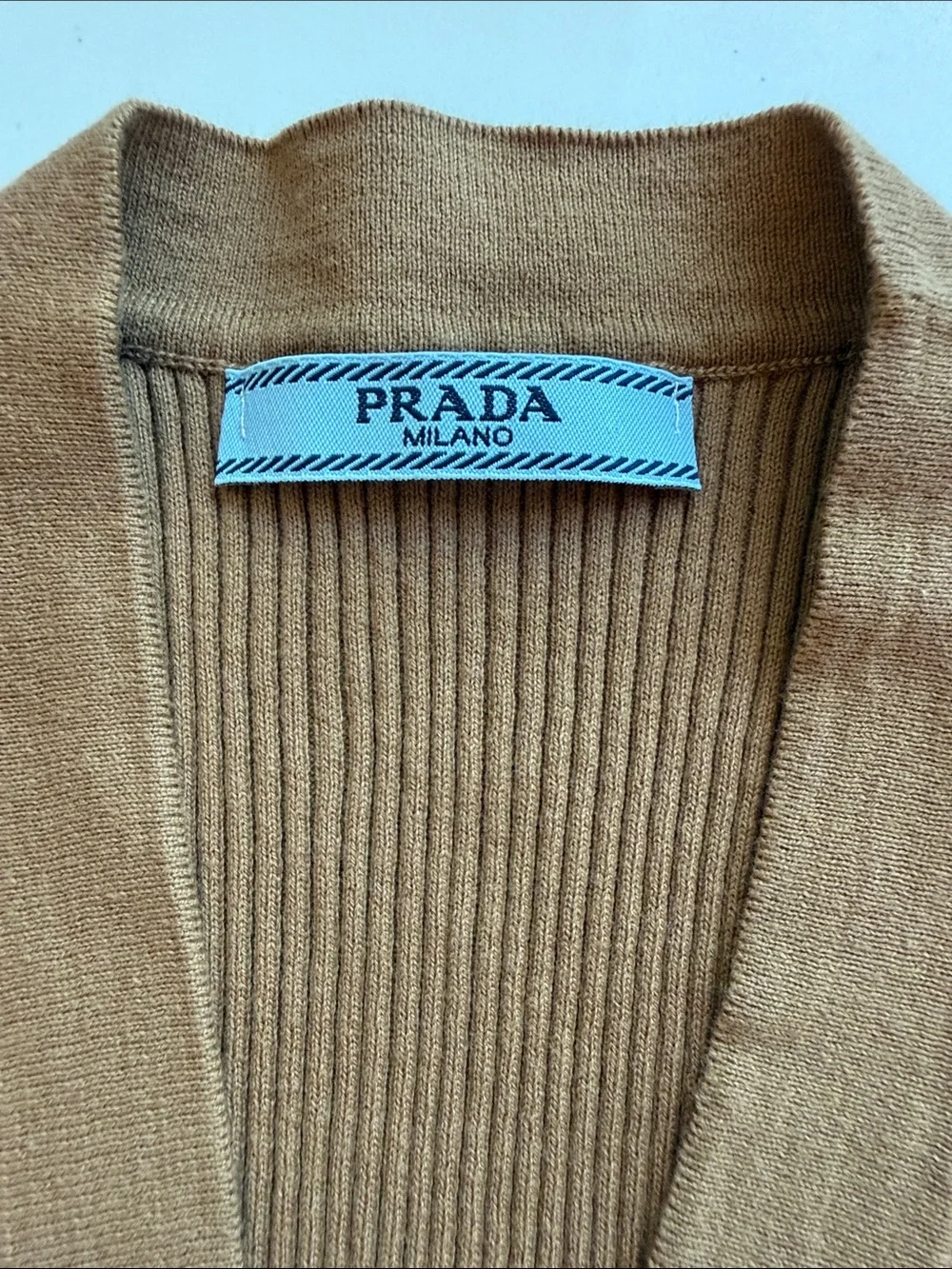 Prada Ribbed Knit Sleeveless Zip Vest Cardigan Brown Camel Leather Logo Plaque